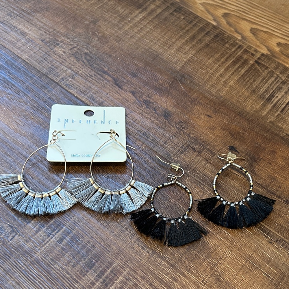 Influence Hoop Tassel Earrings - Gray and Black